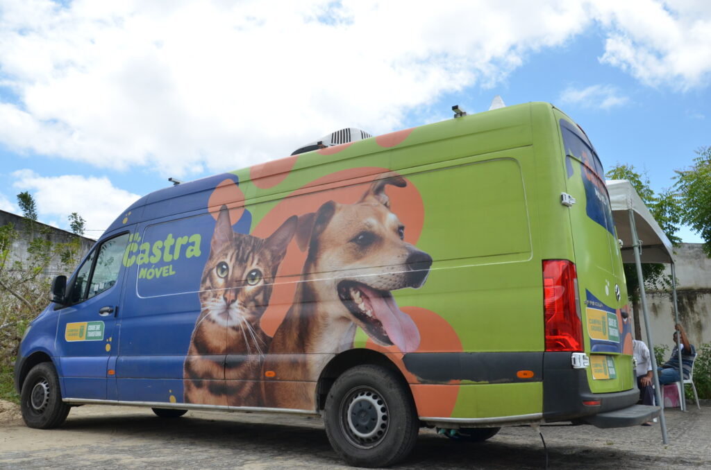 Imagem de van com imagens em azul, verde e laranja e figuras de cachorro e gato com a palavra Castramóvel.